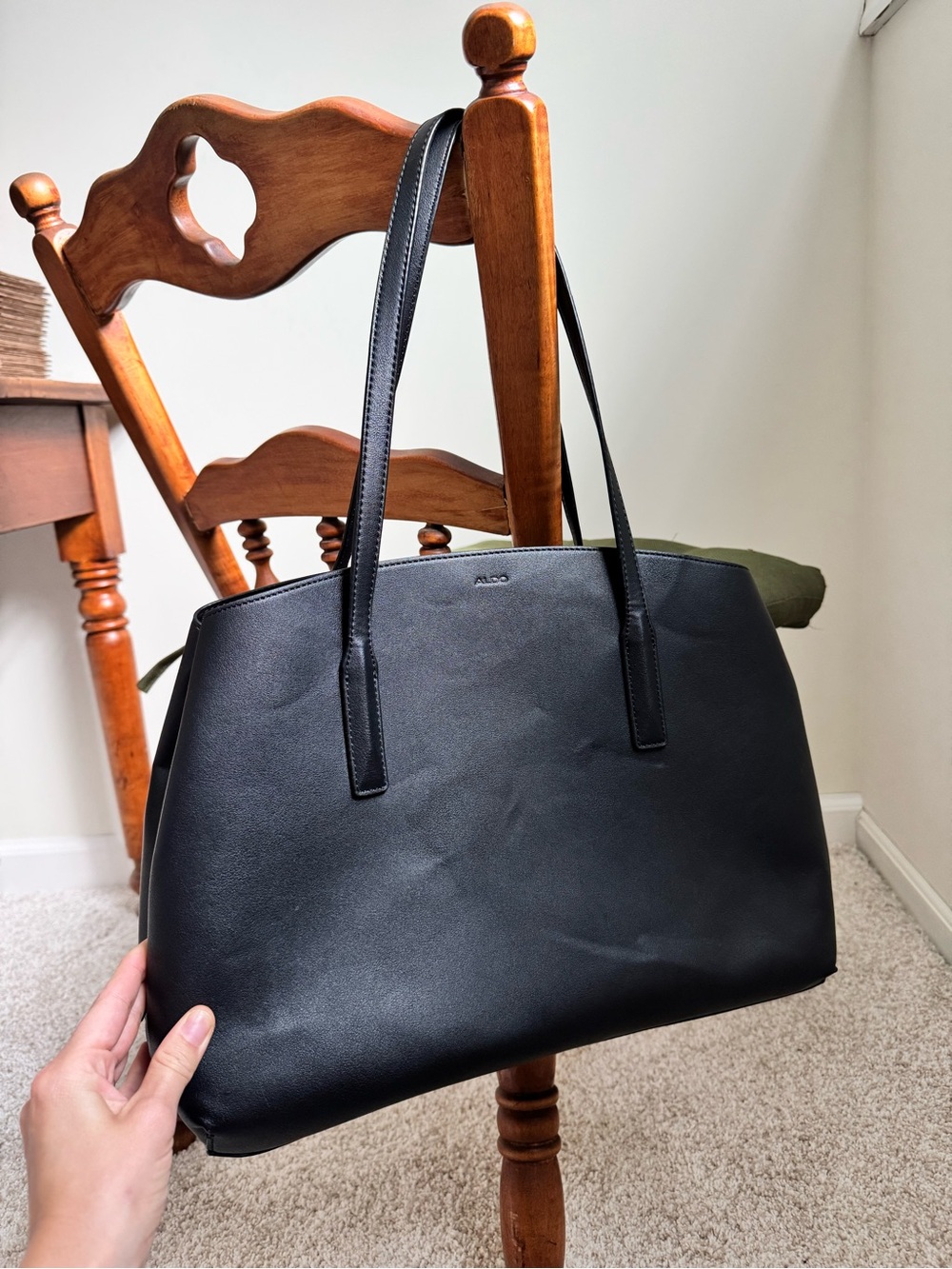 ALDO Black Structured Faux Leather Tote with Dual Shoulder Straps